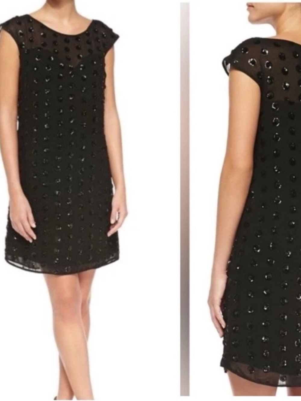 Milly of New York Black Sequin Polka Dot Sheath Mini Dress Cap Sleeve sz 4
